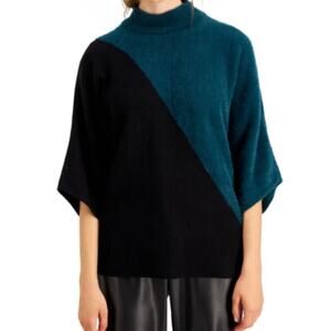 Alfani Kimono Sleeve Fuzzy Sweater Teal Black Small